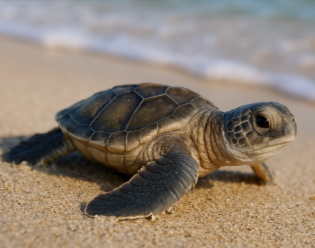 Realistic image of a baby sea turtle crawling toward the ocean across the sand