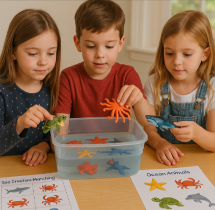 Children engaged in sea creature learning activities