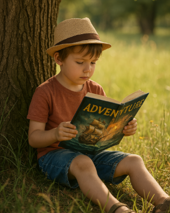 Child reading an adventure book under a tree