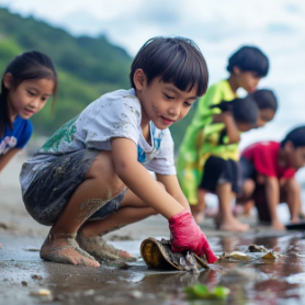 Children participating in a beach cleanup activity