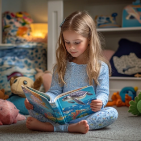 Child reading ocean animal book