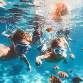 Children exploring an underwater world, encountering ocean creatures