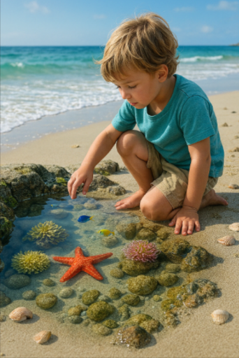 Young child exploring marine life in a tide pool with ocean creatures and coral