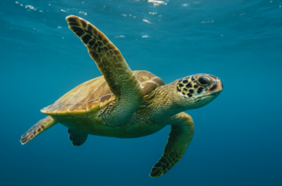 A beautiful sea turtle swimming in clear blue ocean water