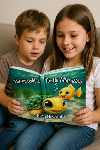 Children reading a sea turtle book together