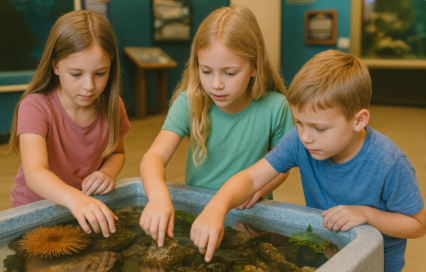 Children exploring ocean life at a touch tank